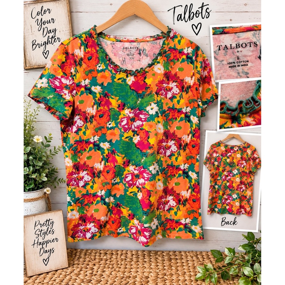 Talbots Womens Small Floral Ruffle Neck Short Sleeve Cotton Tee Multi-Color